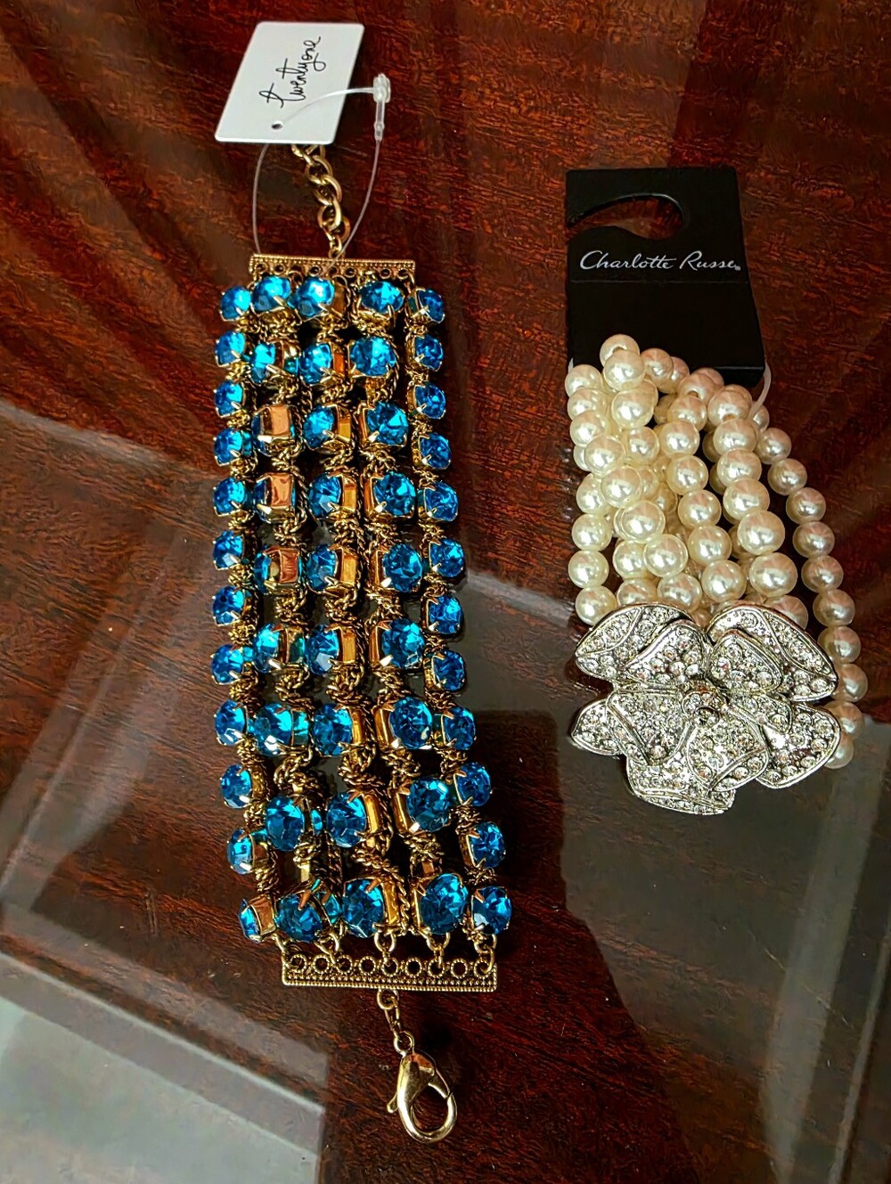 Blue Crystal Statement Bracelet and Stretch Faux Pearl Rhinestone Bracelet